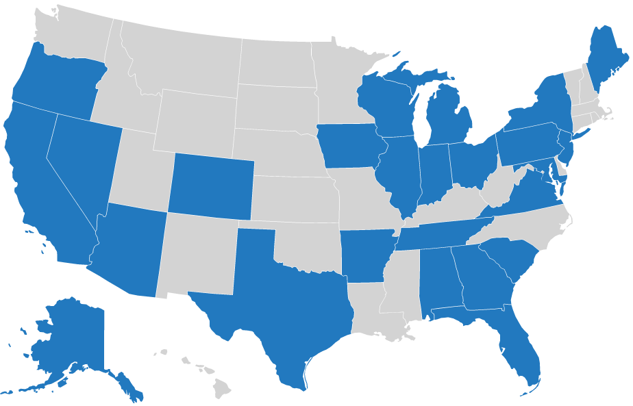 map of the USA with the states AK, GA, IL, IA, IN, FL, ME, MI, NJ, NY, NV, OH, SC, TX, WI, OR, CA, PA, VA, AL, AK, AZ, CO, and TN highlighted in blue